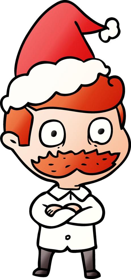 dessin animé dégradé d'un homme à moustache choqué portant un bonnet de noel vecteur