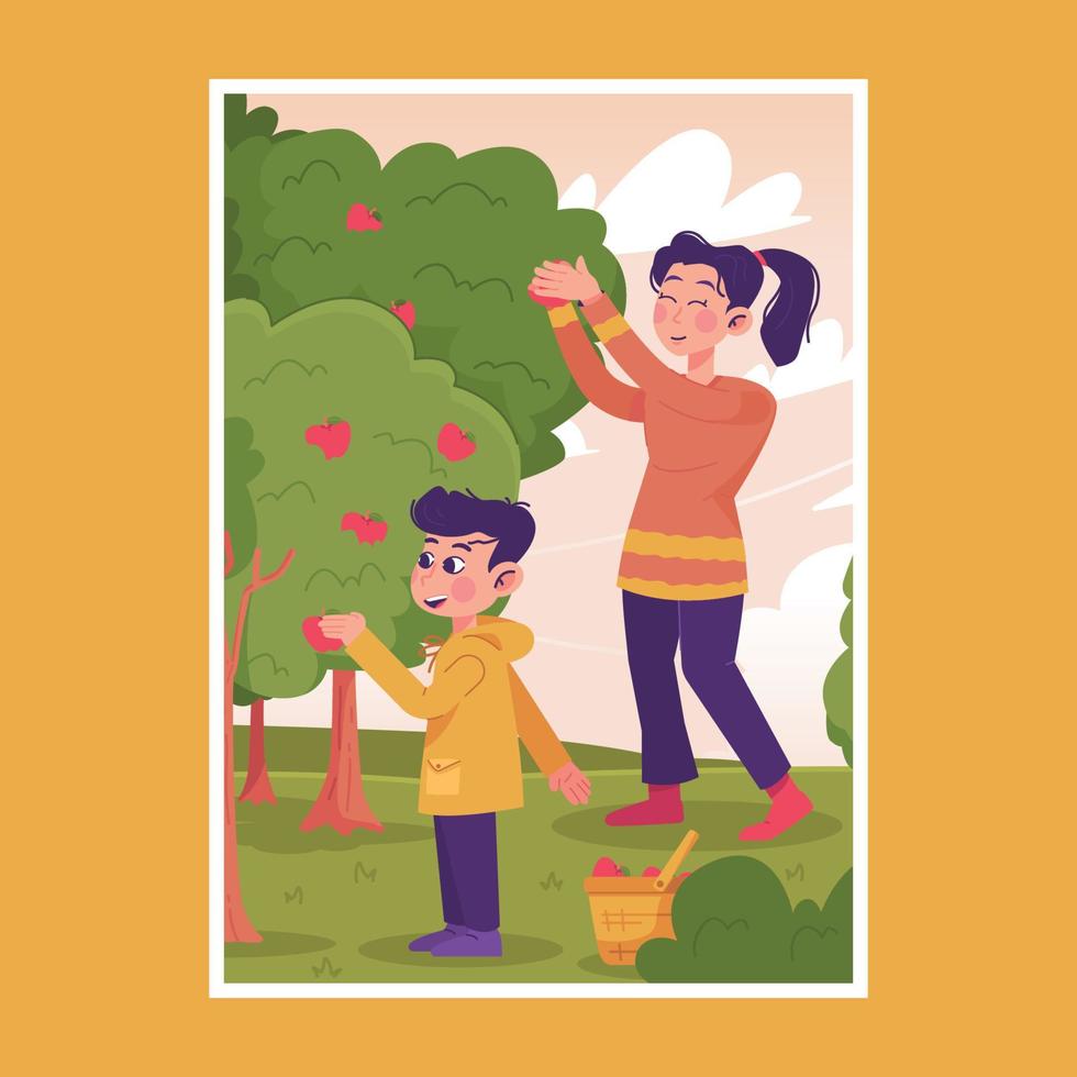 garçon et maman cueillant des pommes vecteur