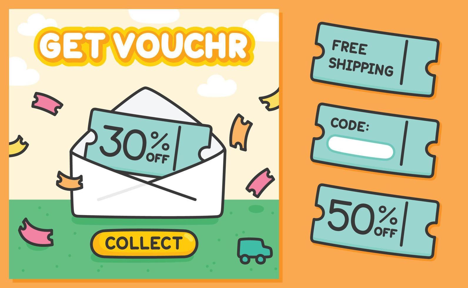 obtenez une vente de coupon trente ou cinquante pour cent de réduction sur l'image de l'annonce avec livraison gratuite et espace vide pour le texte de code vecteur de dessin animé kawaii doodle