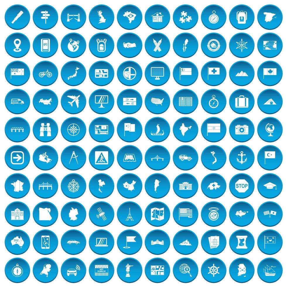 100 icônes de cartographie définies en bleu vecteur