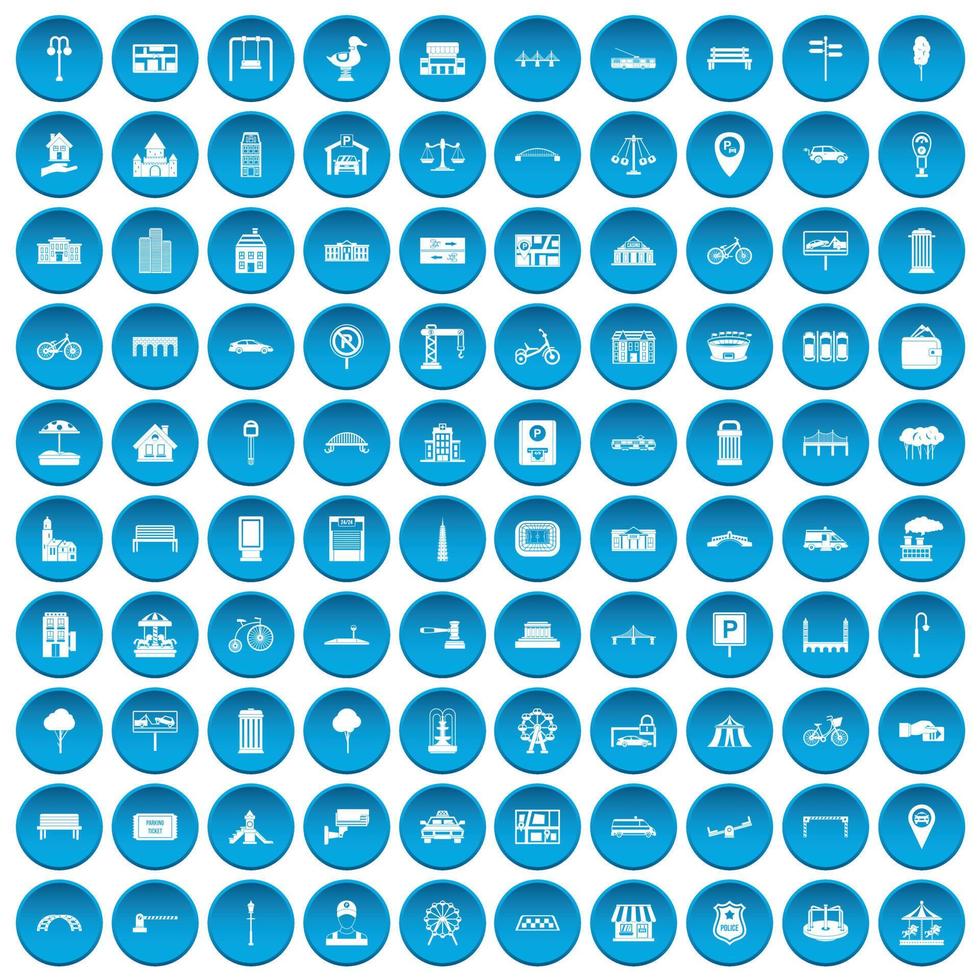 100 icônes de la ville définies en bleu vecteur