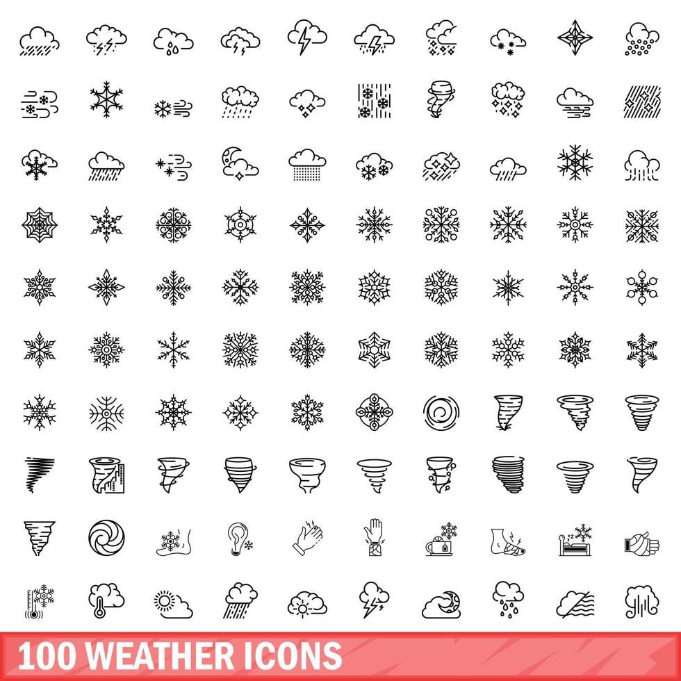Ensemble de 100 icônes météo, style de contour vecteur