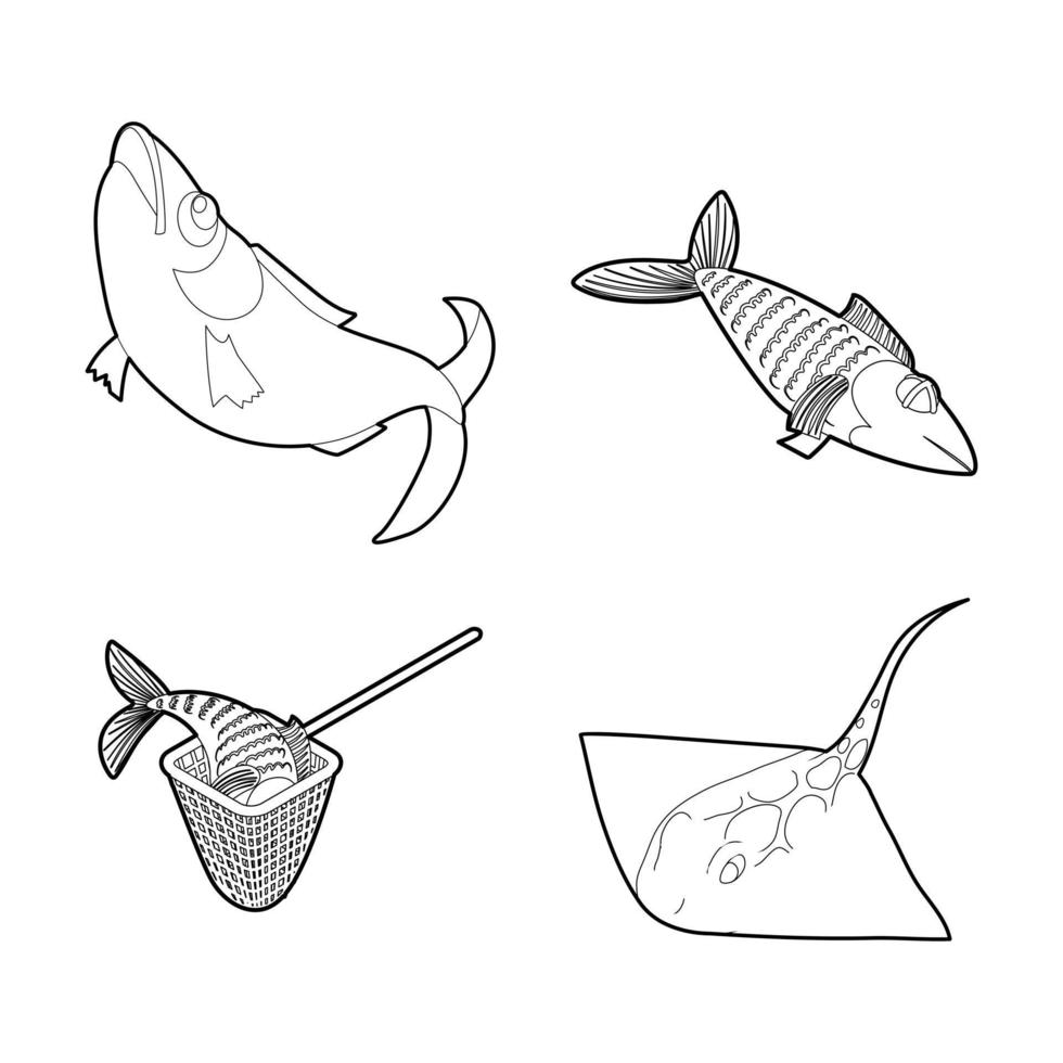jeu d'icônes de poisson, style de contour vecteur