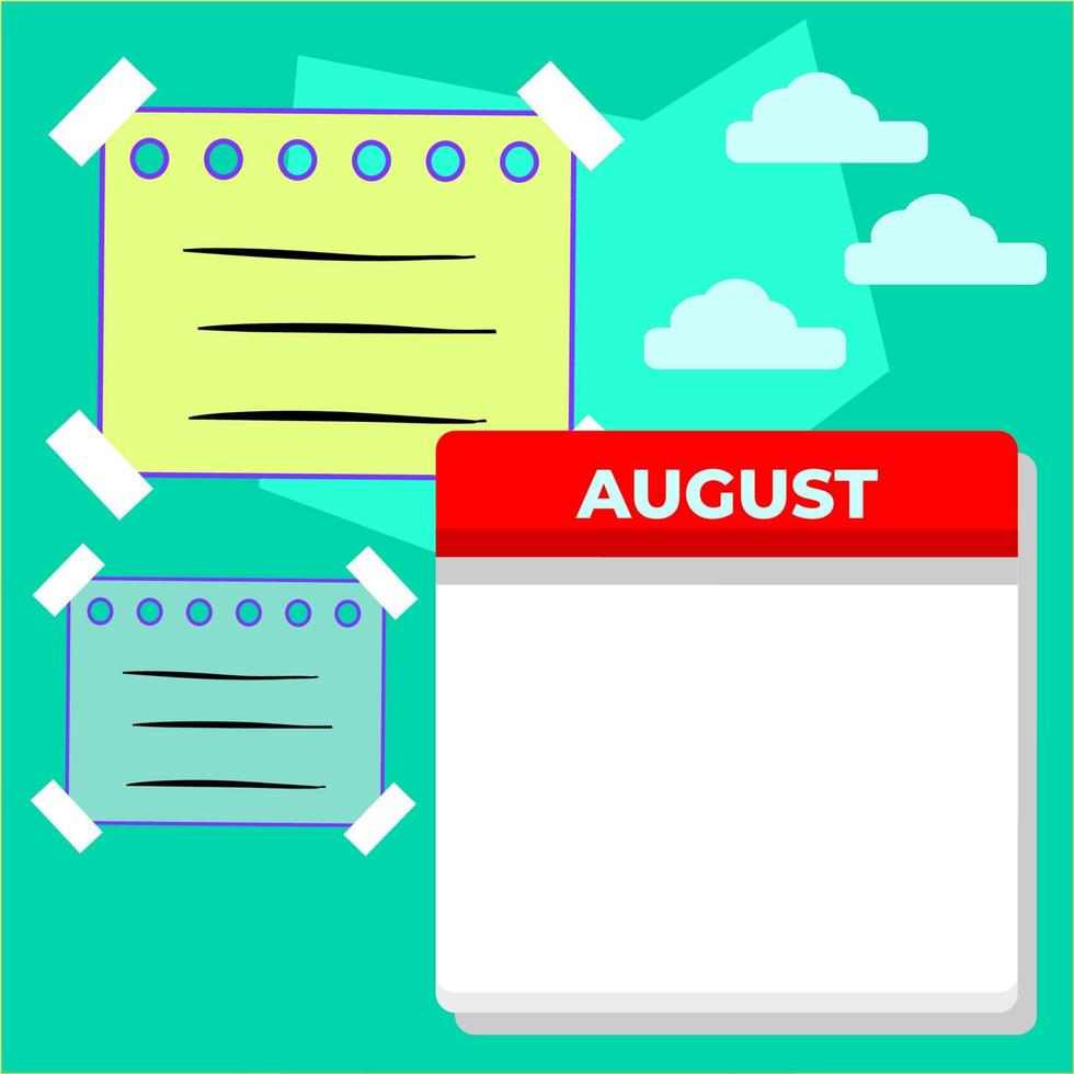 modèle de calendrier unique d'août et notes autocollantes vierges. modèles adaptés au contenu des médias sociaux. vecteur