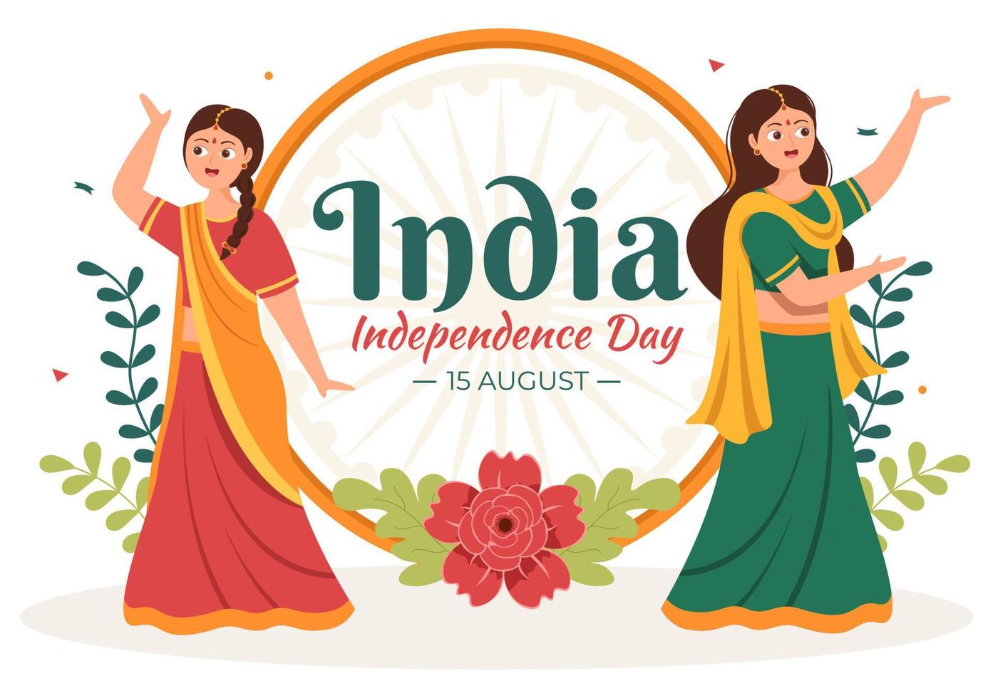 bonne fête de l'indépendance indienne qui est célébrée chaque août avec des drapeaux, des personnages et des roues ashoka dans l'illustration de style dessin animé vecteur