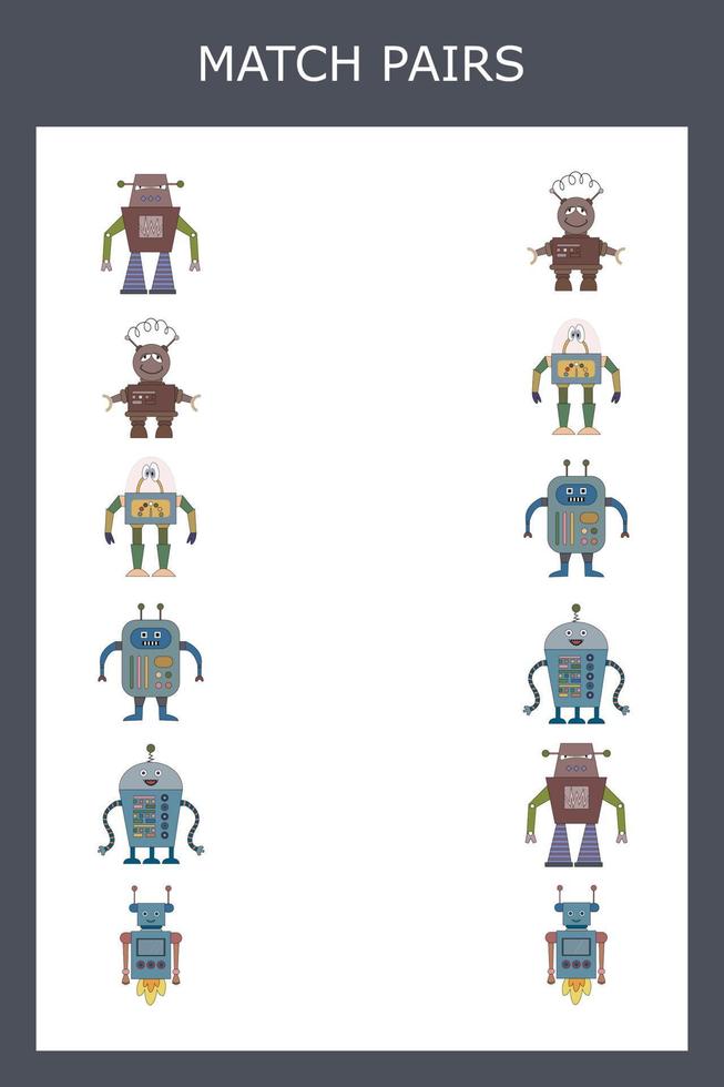 trouver une paire ou un match avec des robots. feuille de travail pour les enfants d'âge préscolaire, feuille d'activité pour enfants, feuille de travail imprimable vecteur