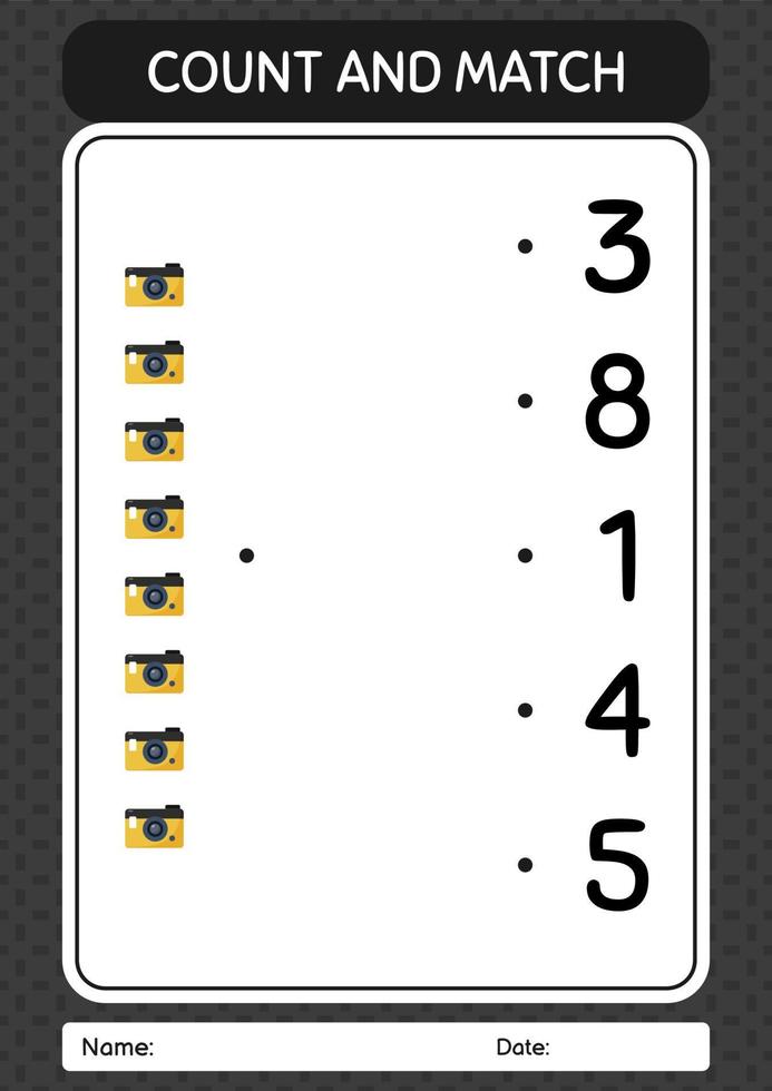 comptez et faites correspondre le jeu avec la caméra. feuille de travail pour les enfants d'âge préscolaire, feuille d'activité pour enfants vecteur