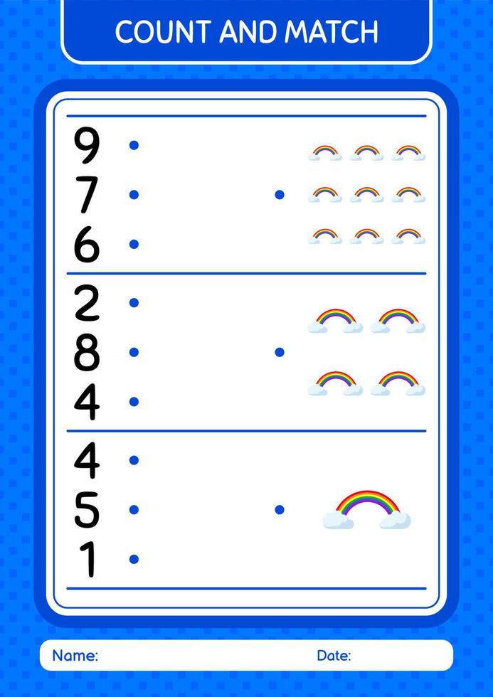 comptez et faites correspondre le jeu avec l'arc-en-ciel. feuille de travail pour les enfants d'âge préscolaire, feuille d'activité pour enfants vecteur