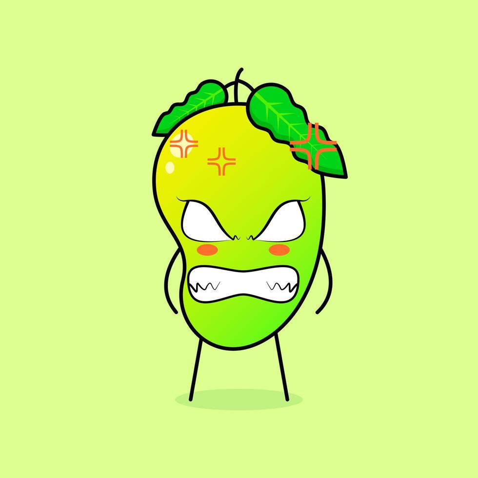 personnage de mangue mignon avec une expression de colère. yeux exorbités et souriants. vert et orange. adapté pour émoticône, logo, mascotte vecteur