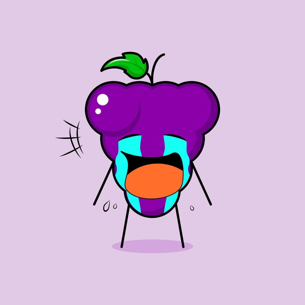 personnage de raisin mignon avec une expression de pleurs, des larmes et la bouche ouverte. vert et violet. adapté pour émoticône, logo, mascotte vecteur