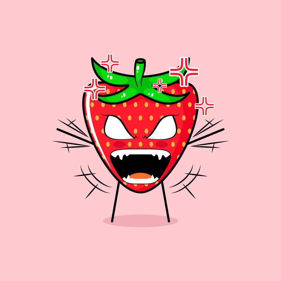 personnage de fraise mignon avec une expression de colère. les deux mains levées, les yeux exorbités et la bouche grande ouverte. vert et rouge. adapté pour émoticône, logo, mascotte vecteur