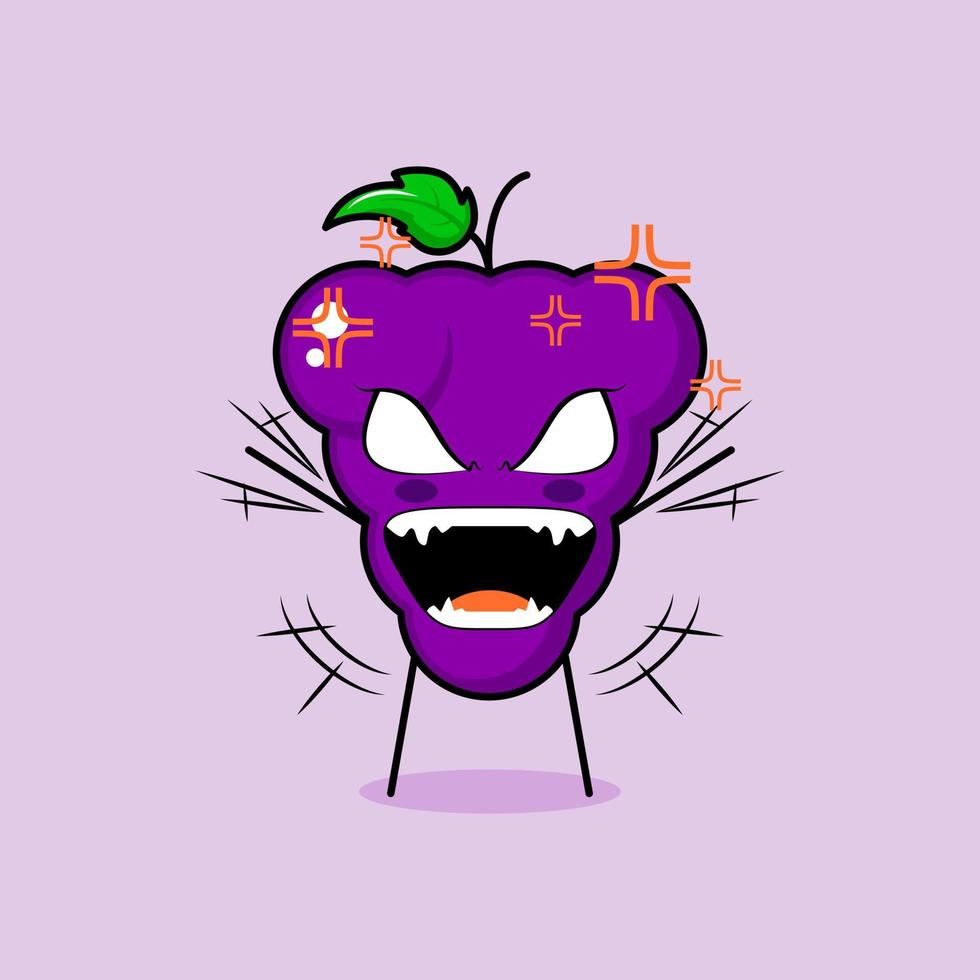 personnage de raisin mignon avec une expression de colère. les deux mains levées, les yeux exorbités et la bouche grande ouverte. vert et violet. adapté pour émoticône, logo, mascotte vecteur