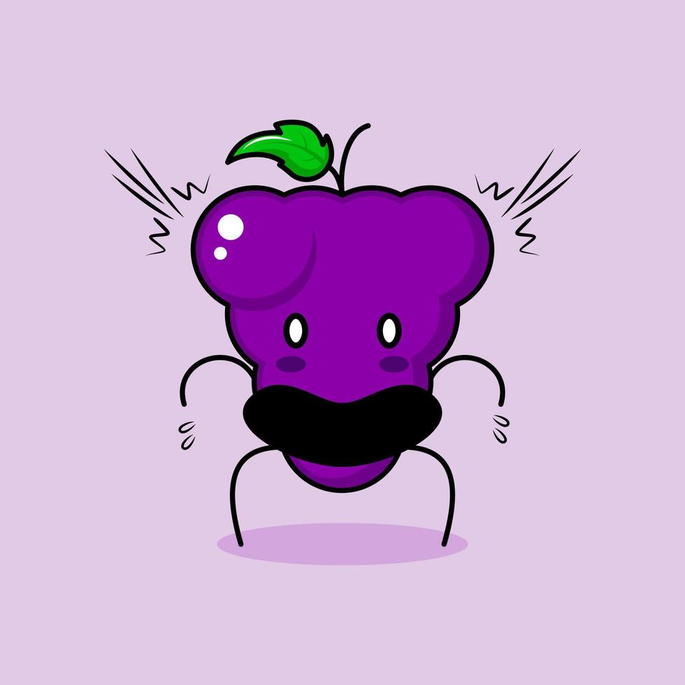 personnage de raisin mignon avec une expression choquée, la bouche ouverte et les yeux exorbités. vert et violet. adapté à l'émoticône, au logo, à la mascotte ou à l'autocollant vecteur