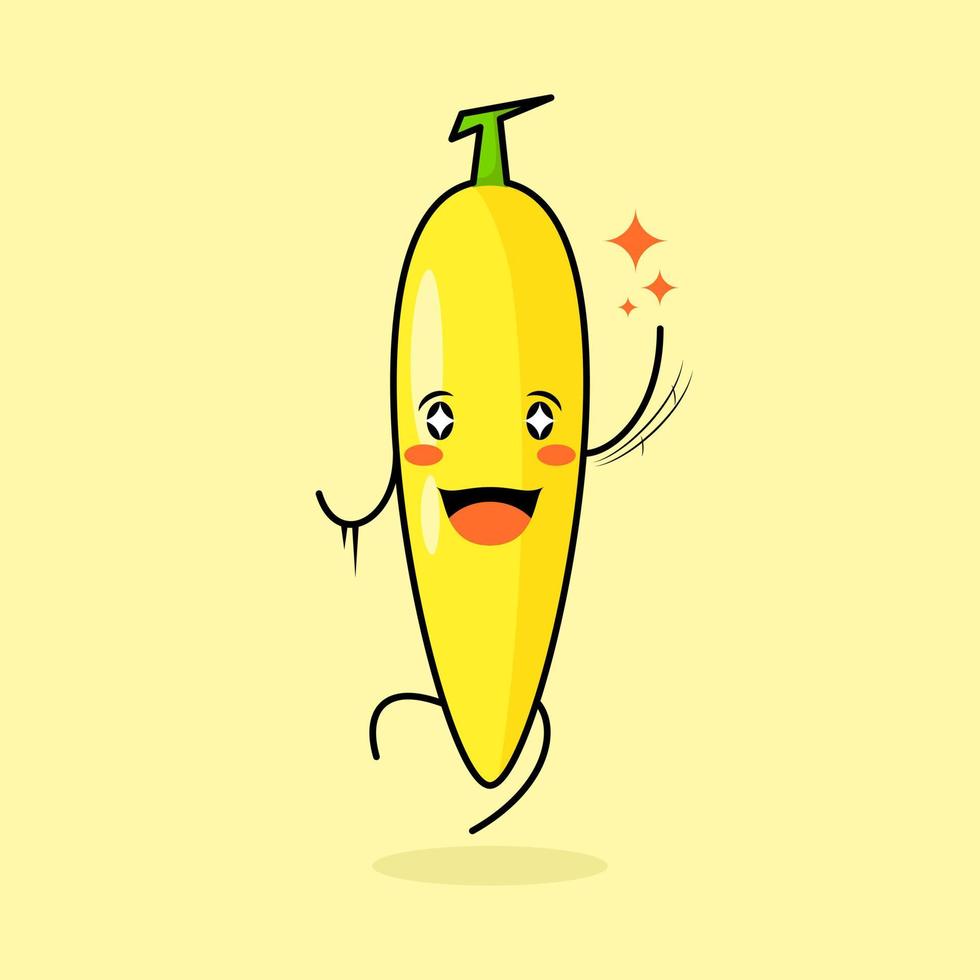 personnage de banane mignon avec sourire et expression heureuse, saut, une main levée, bouche ouverte et yeux pétillants. vert et jaune. adapté à l'émoticône, au logo, à la mascotte et à l'icône vecteur