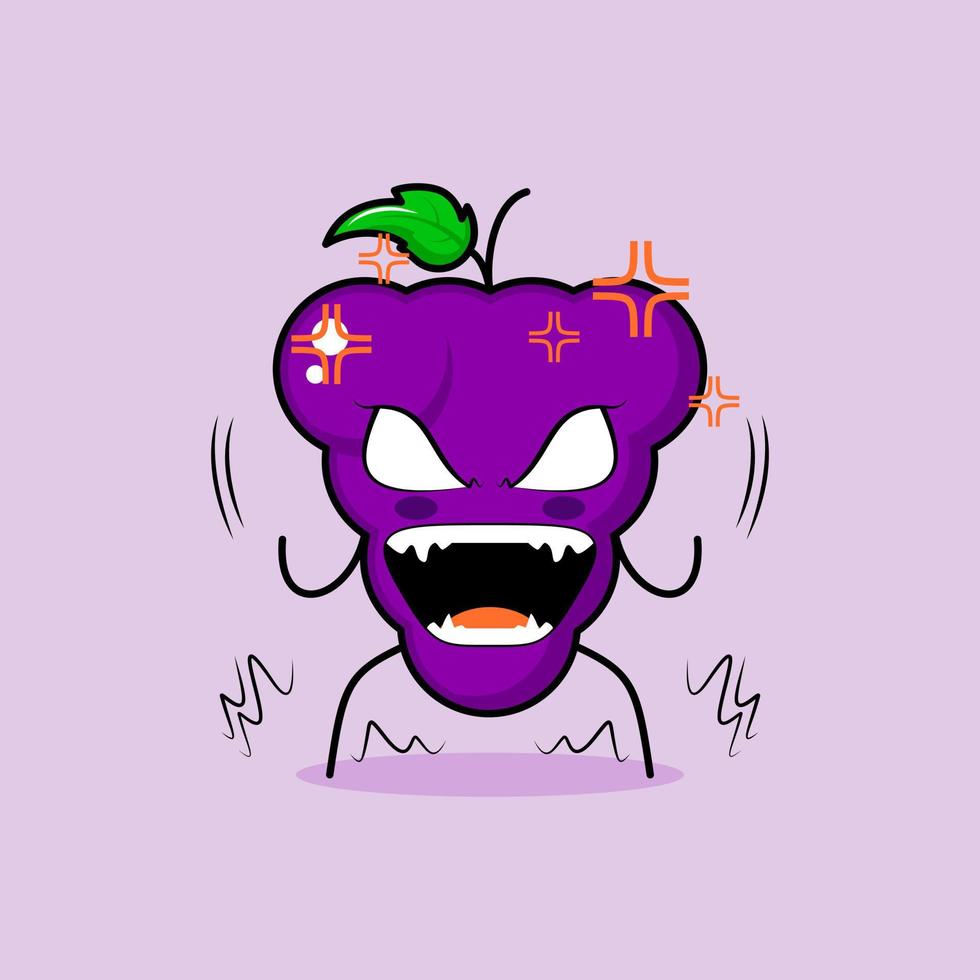 personnage de raisin mignon avec une expression très en colère. les yeux exorbités et la bouche grande ouverte. vert et violet. adapté pour émoticône, logo, mascotte vecteur