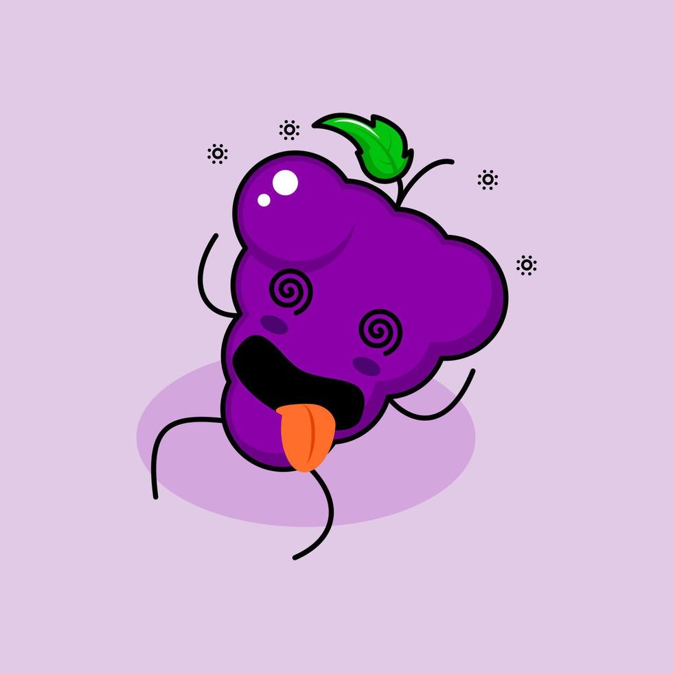 personnage de raisin mignon avec une expression étourdie, des yeux qui roulent, se couche et la langue sort. vert et violet. adapté à l'émoticône, au logo, à la mascotte et à l'icône vecteur