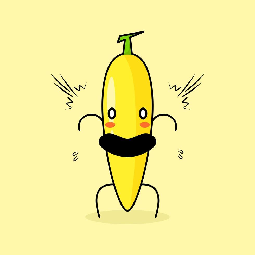 personnage de banane mignon avec une expression choquée, la bouche ouverte et les yeux exorbités. vert et jaune. adapté à l'émoticône, au logo, à la mascotte ou à l'autocollant vecteur