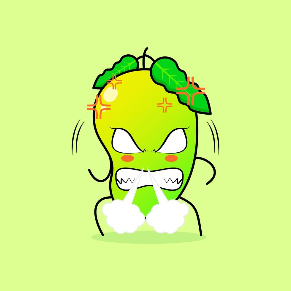 personnage de mangue mignon avec une expression de colère. le nez soufflant de la fumée, les yeux exorbités et souriants. vert et orange. adapté pour émoticône, logo, mascotte vecteur