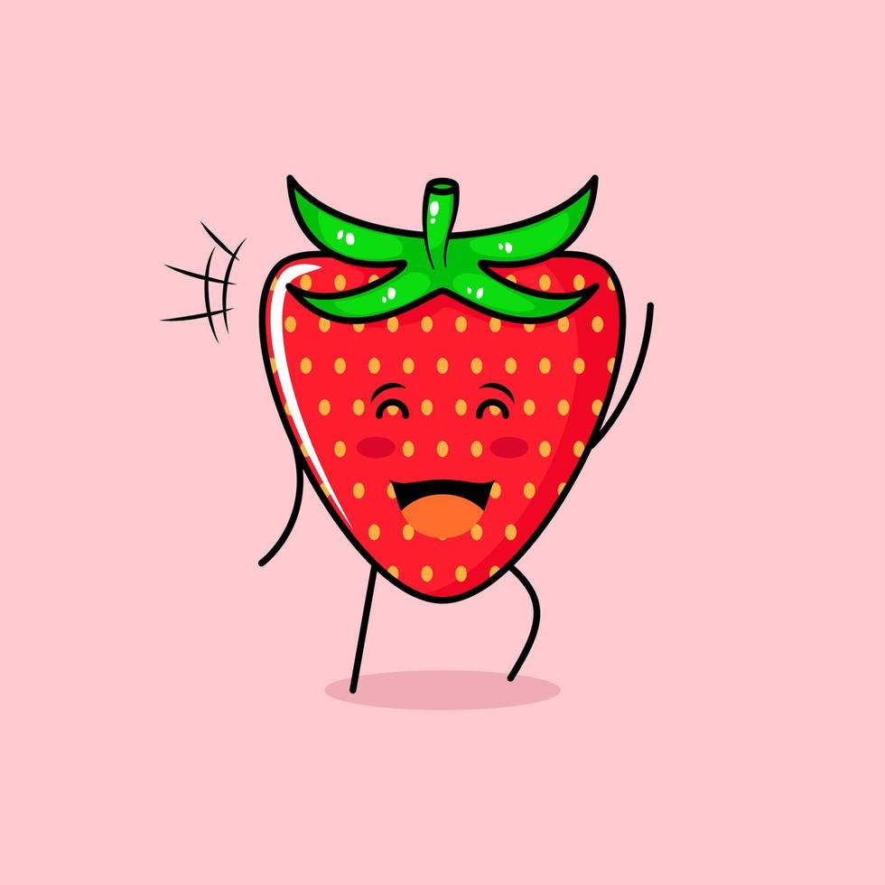 joli personnage de pomme rouge avec sourire et expression heureuse, fermez les yeux et une main levée. vert et rouge. adapté à l'émoticône, au logo, à la mascotte et à l'icône vecteur