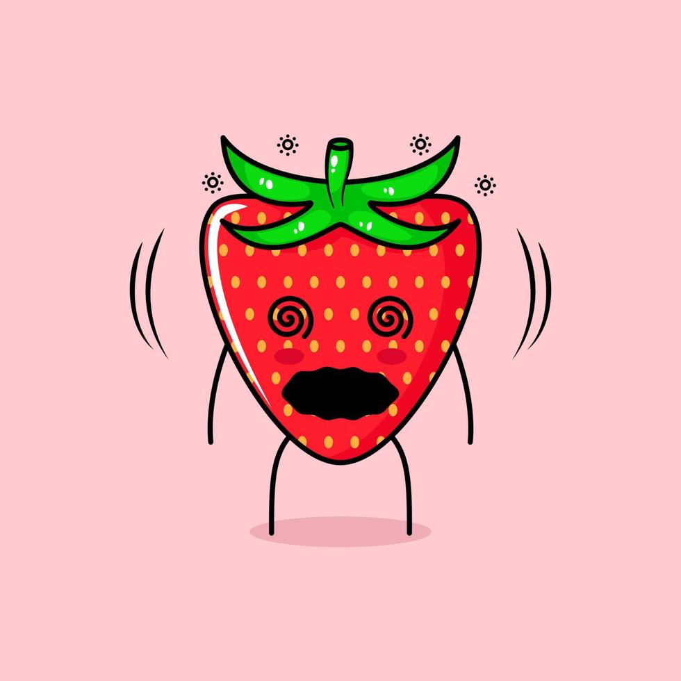 personnage de fraise mignon avec une expression étourdie et des yeux qui roulent. vert et rouge. adapté à l'émoticône, au logo, à la mascotte et à l'icône vecteur