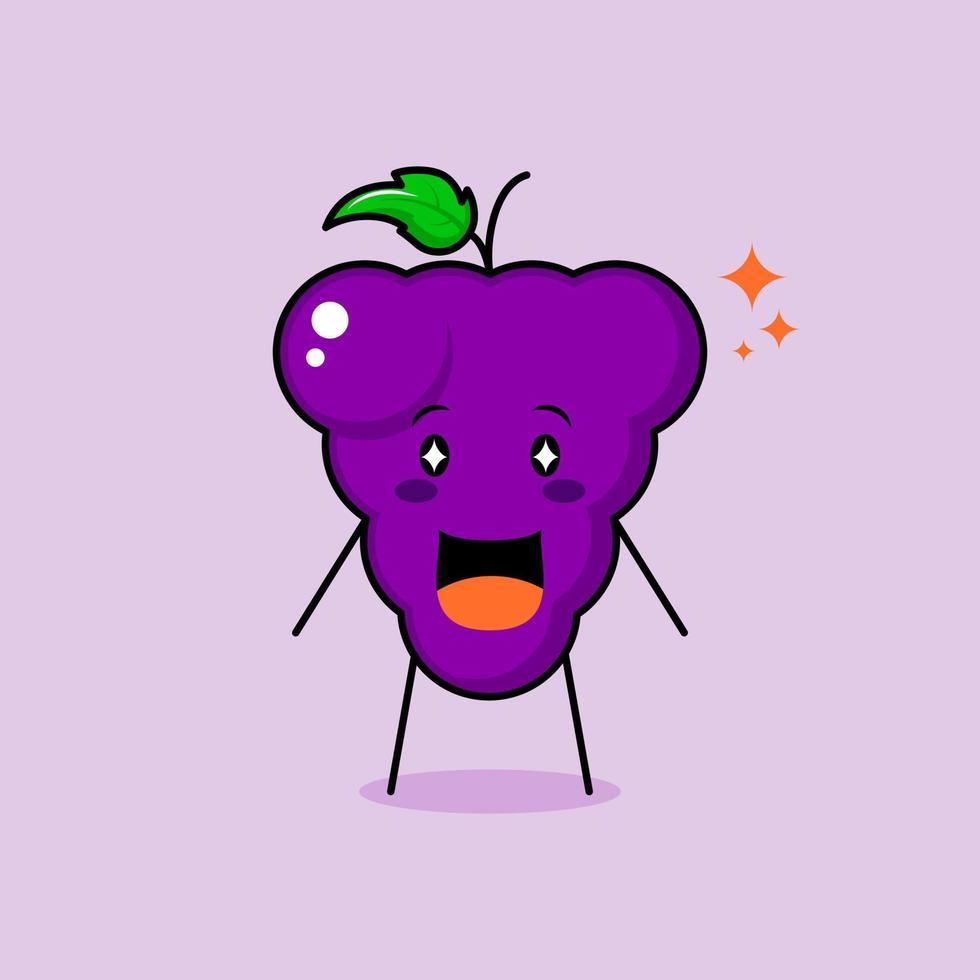 personnage de raisin mignon avec sourire et expression heureuse, bouche ouverte et yeux pétillants. vert et violet. adapté à l'émoticône, au logo, à la mascotte et à l'icône vecteur