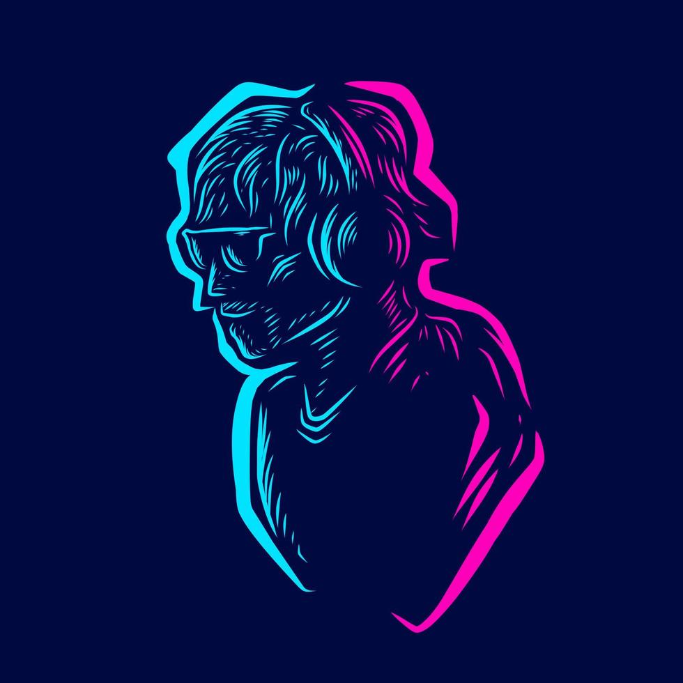 music man gamer ligne pop art potrait logo design coloré avec un fond sombre. illustration vectorielle abstraite. fond noir isolé pour t-shirt, affiche, vêtements, merch, vêtements, conception de badges vecteur