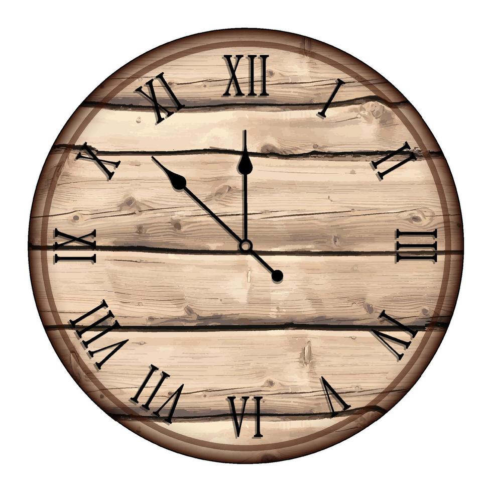 horloge murale mécanique avec cadran rond en bois et chiffres romains. entrain de mesurer le temps. compte à rebours pour la nouvelle année 2021. vecteur réaliste sur fond blanc