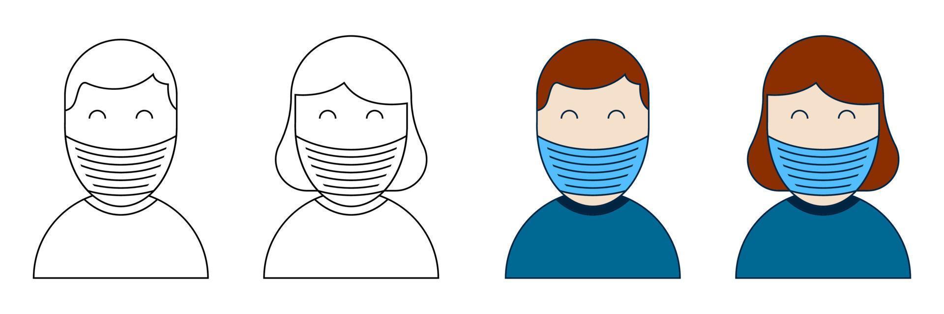 silhouette d'homme et de femme dans des masques médicaux de protection. prévention de la propagation des maladies. prévention de la grippe et des infections virales. vecteur sur fond blanc