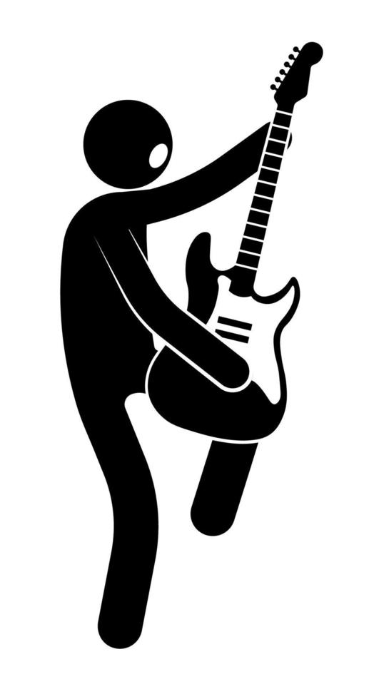 figure de bâton, le musicien joue de la musique rock à la guitare, debout sur une jambe. concerts, festivals et fêtes. vecteur sur fond blanc