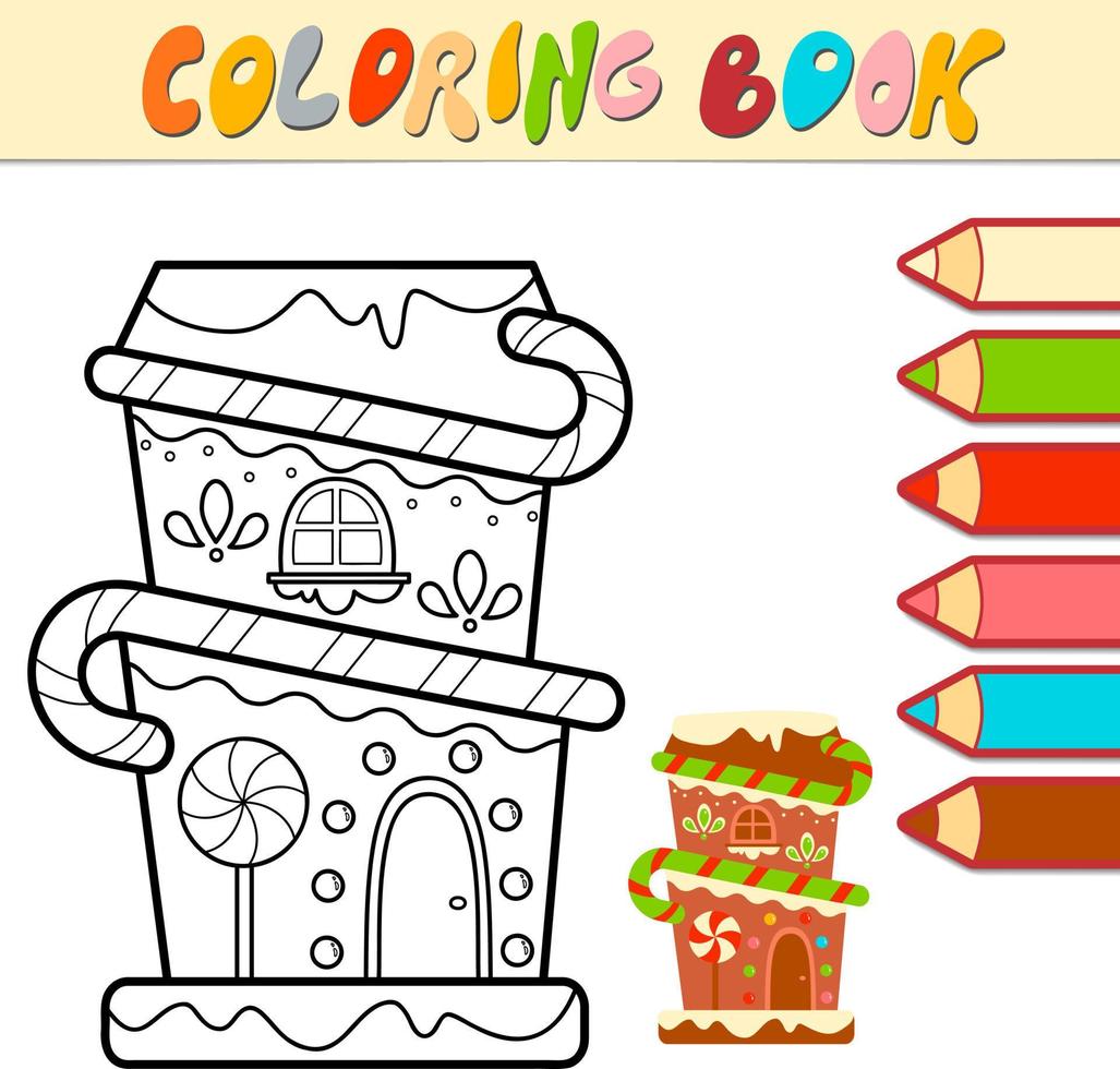 livre de coloriage ou page de coloriage pour les enfants. noël, pain épice, maison, noir blanc, vecteur