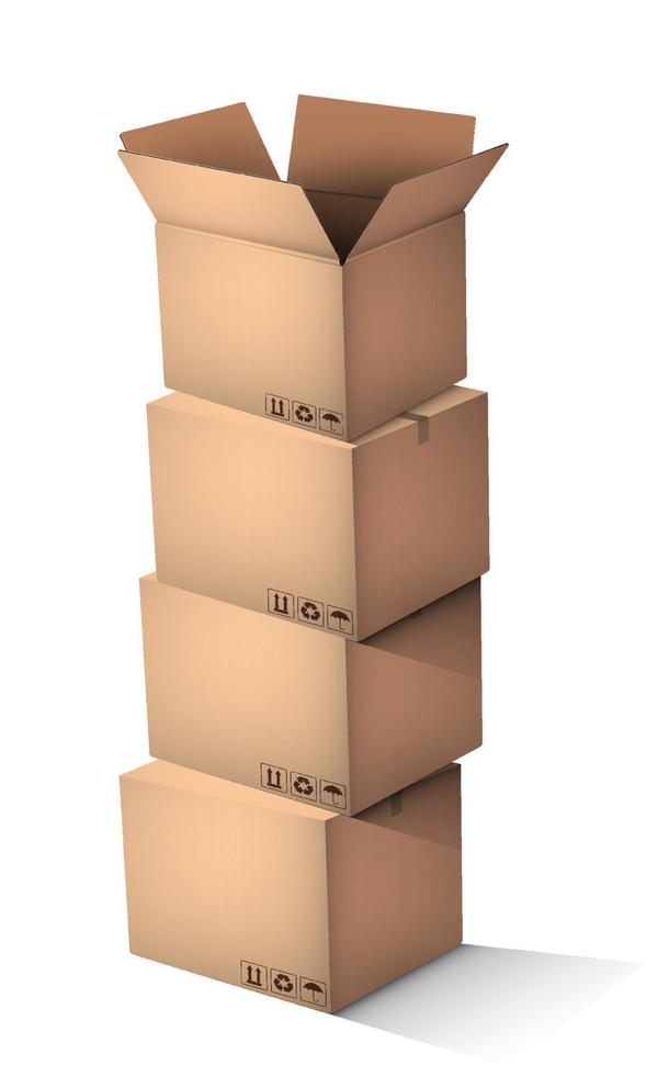 les boîtes en carton sont empilées une sur une. stockage des marchandises dans les entrepôts. vecteur réaliste sur fond blanc