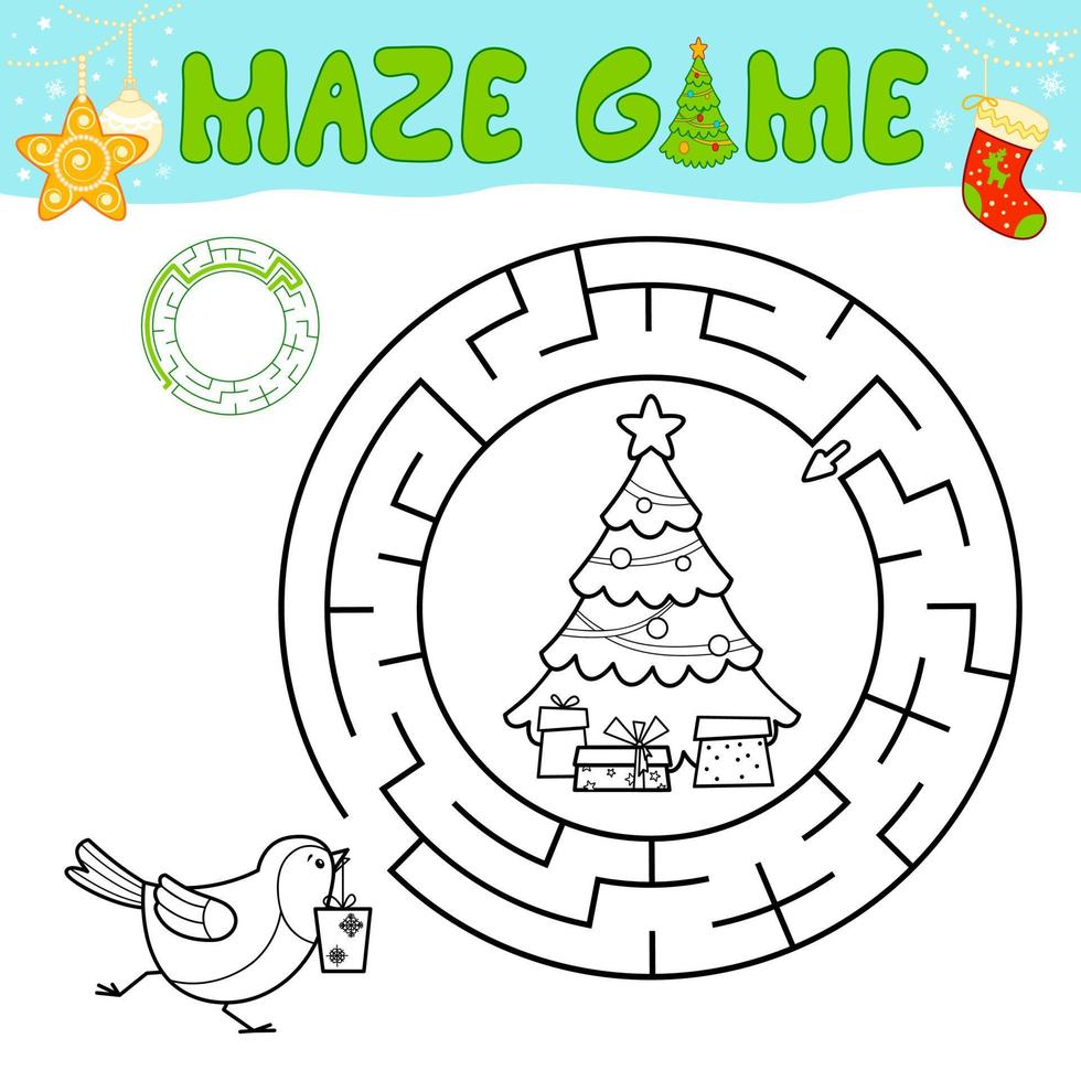 jeu de puzzle de labyrinthe noir et blanc de noël pour les enfants. décrivez le labyrinthe de cercle ou le jeu de labyrinthe avec l'oiseau de noël. vecteur