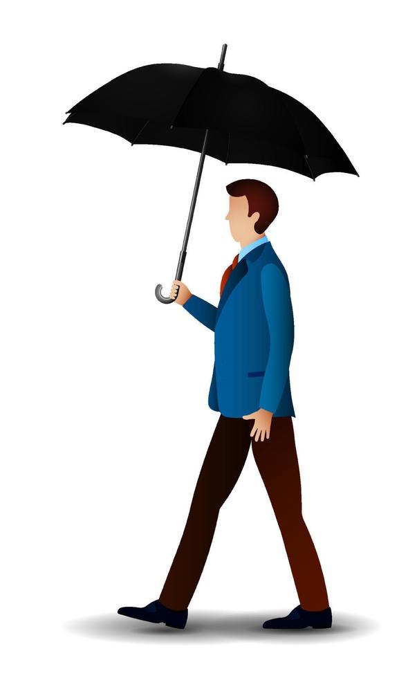 un homme en vêtements classiques marche sous un parapluie. protection de la santé par mauvais temps pluvieux. vecteur en style cartoon