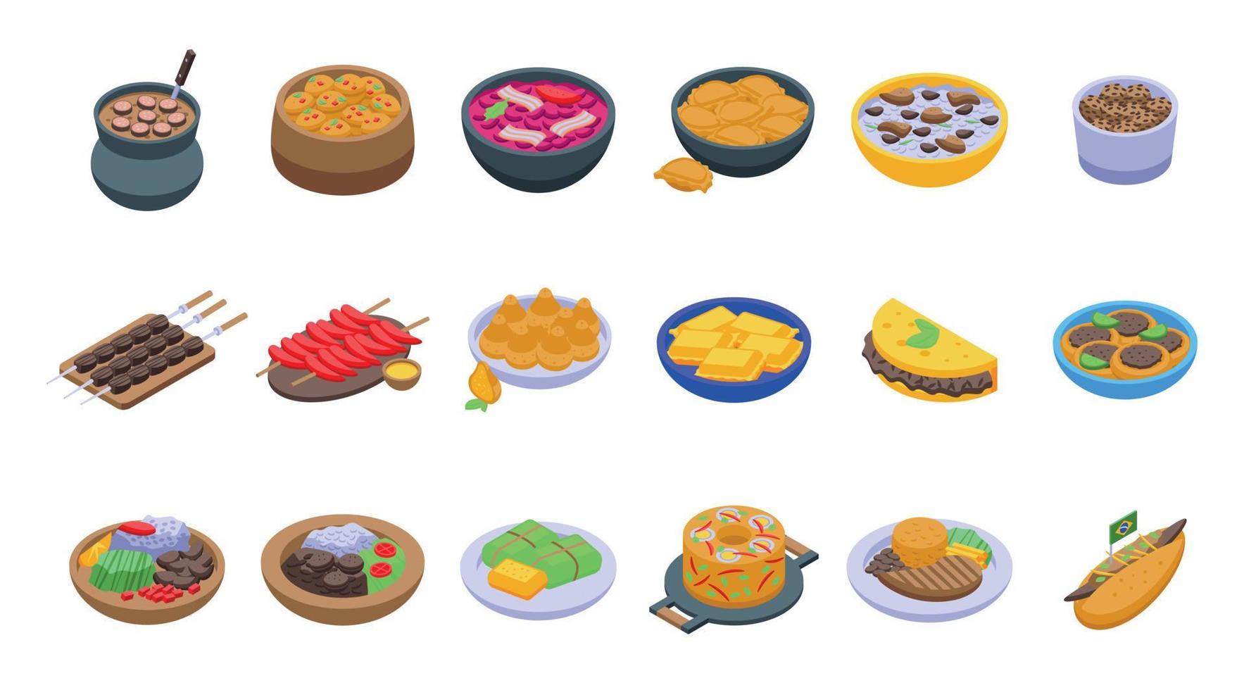 icônes culinaires brésiliennes définies vecteur isométrique. pain aux arancini