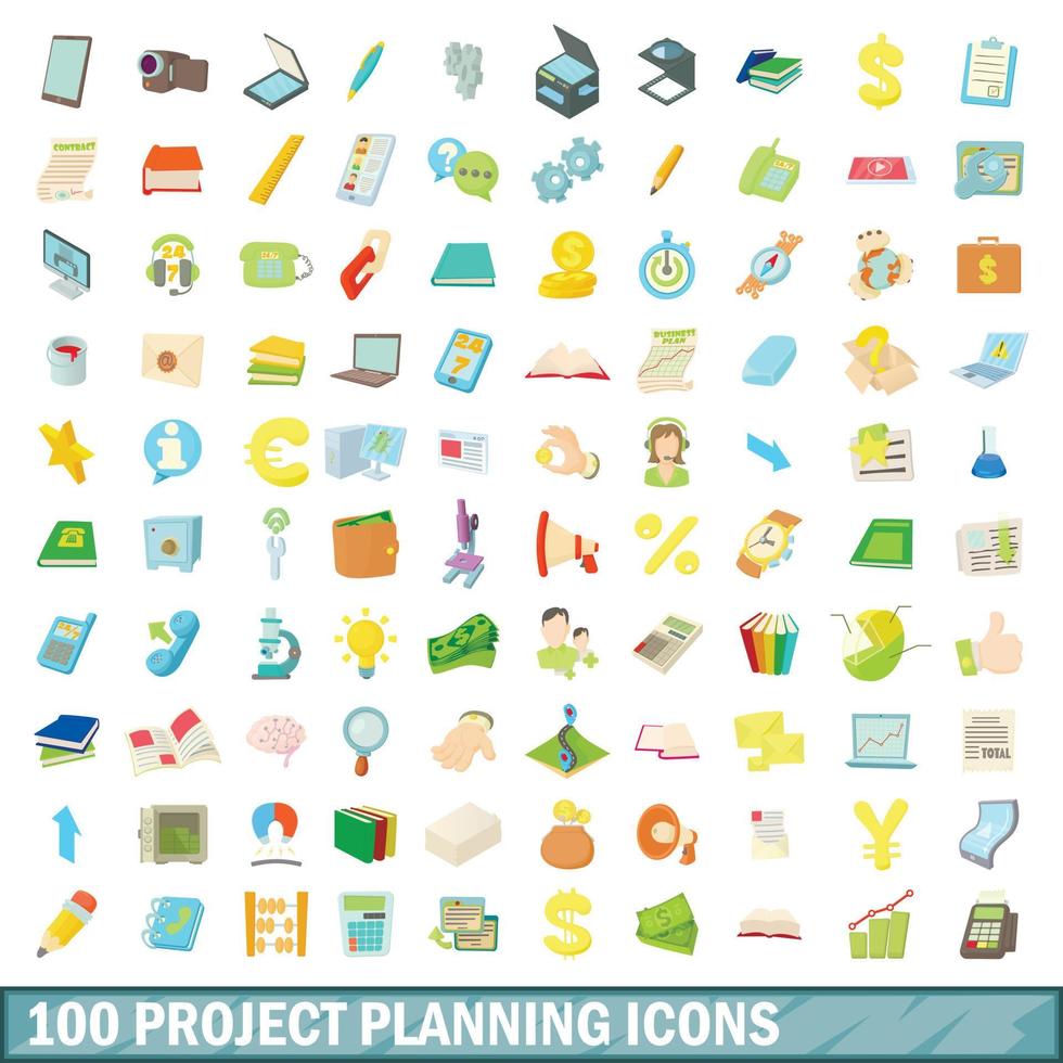 100 icônes de planification de projet définies, style cartoon vecteur