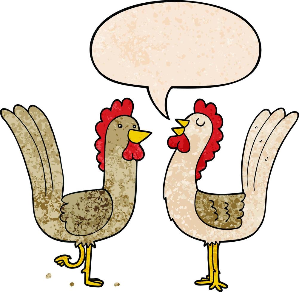 poulets de dessin animé et bulle de dialogue dans un style de texture rétro vecteur