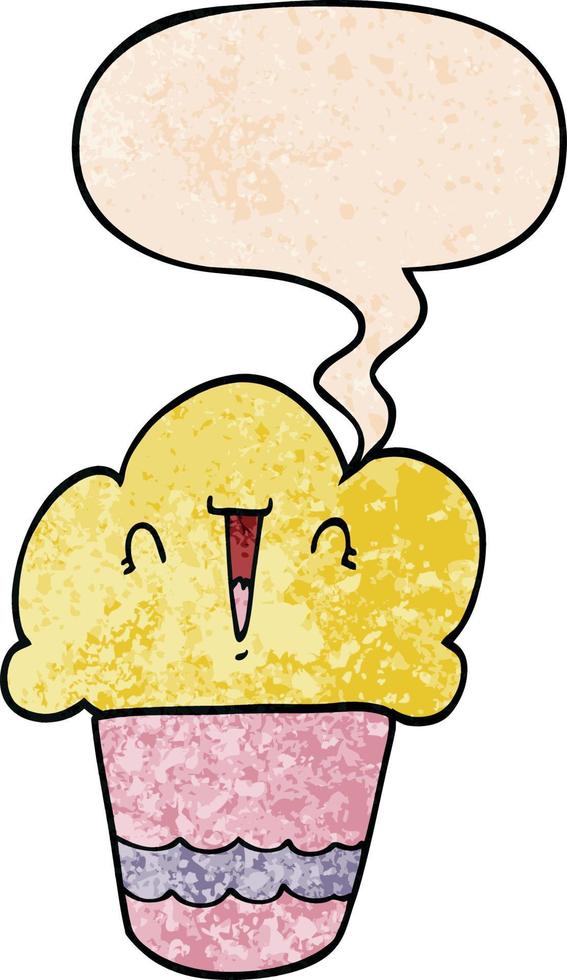 cupcake de dessin animé et bulle de visage et de parole dans un style de texture rétro vecteur