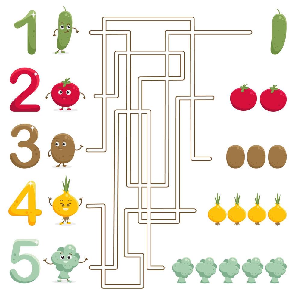 jeu de labyrinthe éducatif pour les enfants avec des chiffres et des légumes de dessin animé vecteur