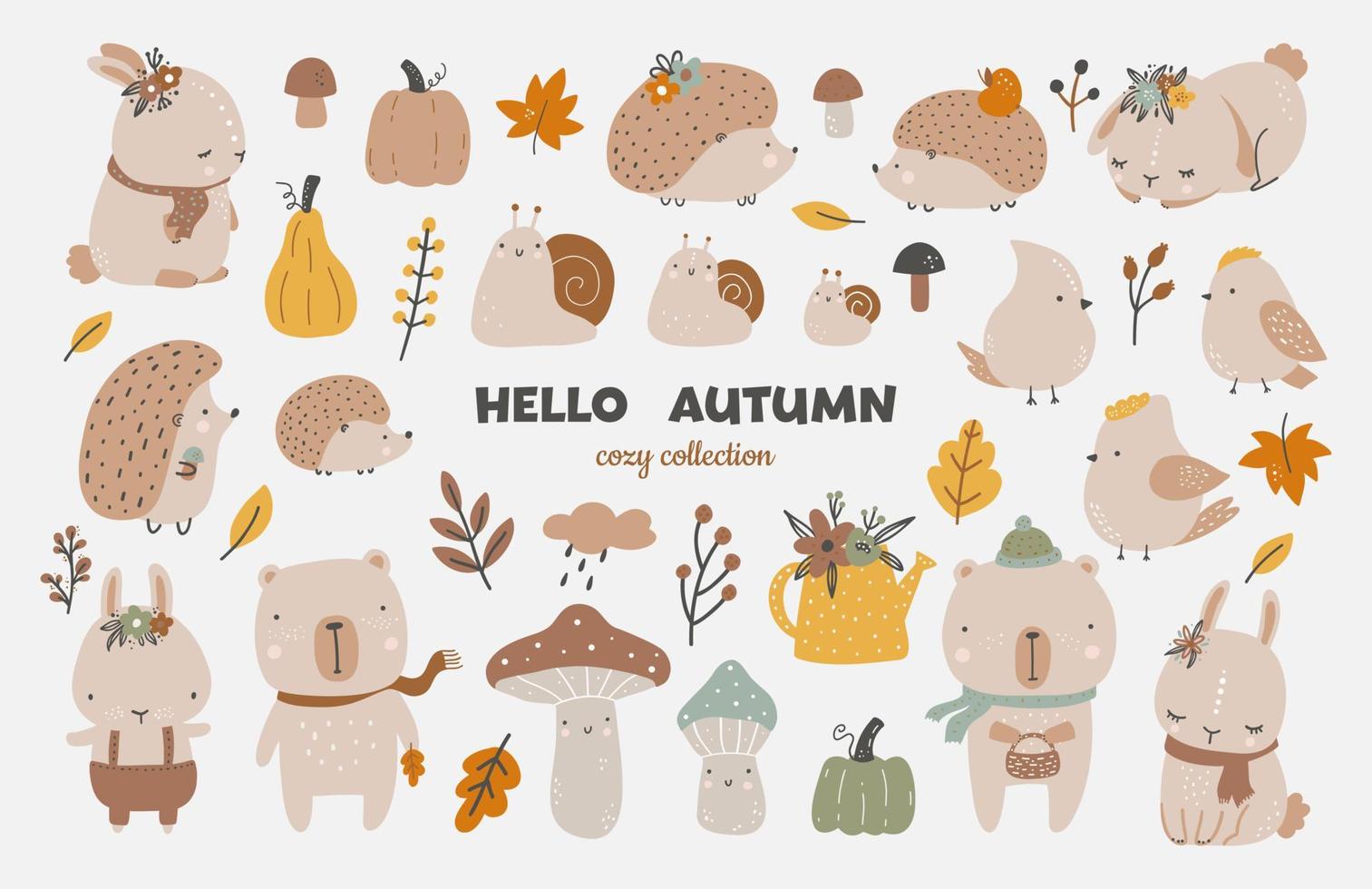 ensemble d'automne, clipart d'automne, collection d'éléments de conception avec des feuilles, des citrouilles, des animaux mignons, des champignons et autres. illustration vectorielle enfantine dessinée à la main. vecteur