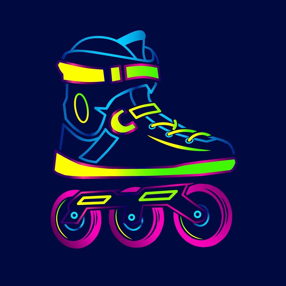 logo d'art néon de patin à roulettes. design coloré de patineur en ligne avec un fond sombre. illustration vectorielle de chaussures de sport. fond noir isolé pour t-shirt, affiche, vêtements, merch, vêtements. vecteur