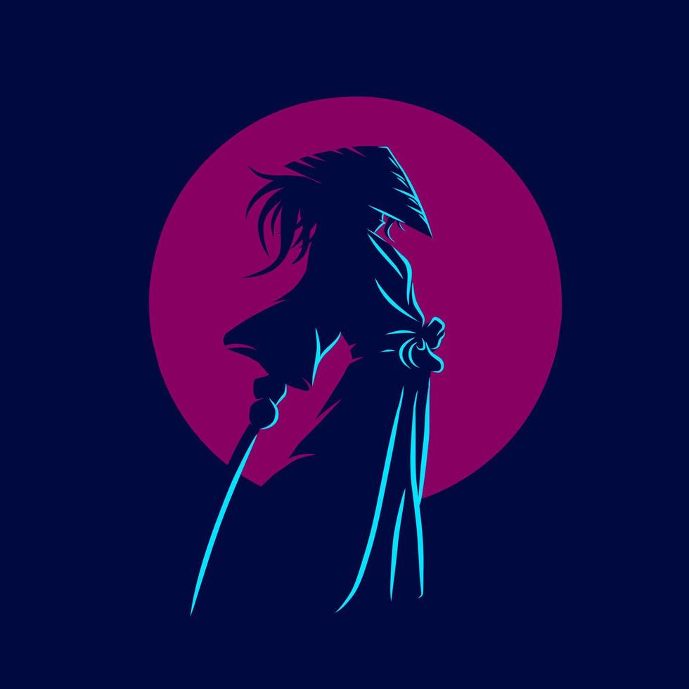samouraï japon épée chevalier ligne potrait logo design coloré avec fond sombre. fond bleu marine isolé pour t-shirt, affiche, vêtements, merch, vêtements, création de badges vecteur