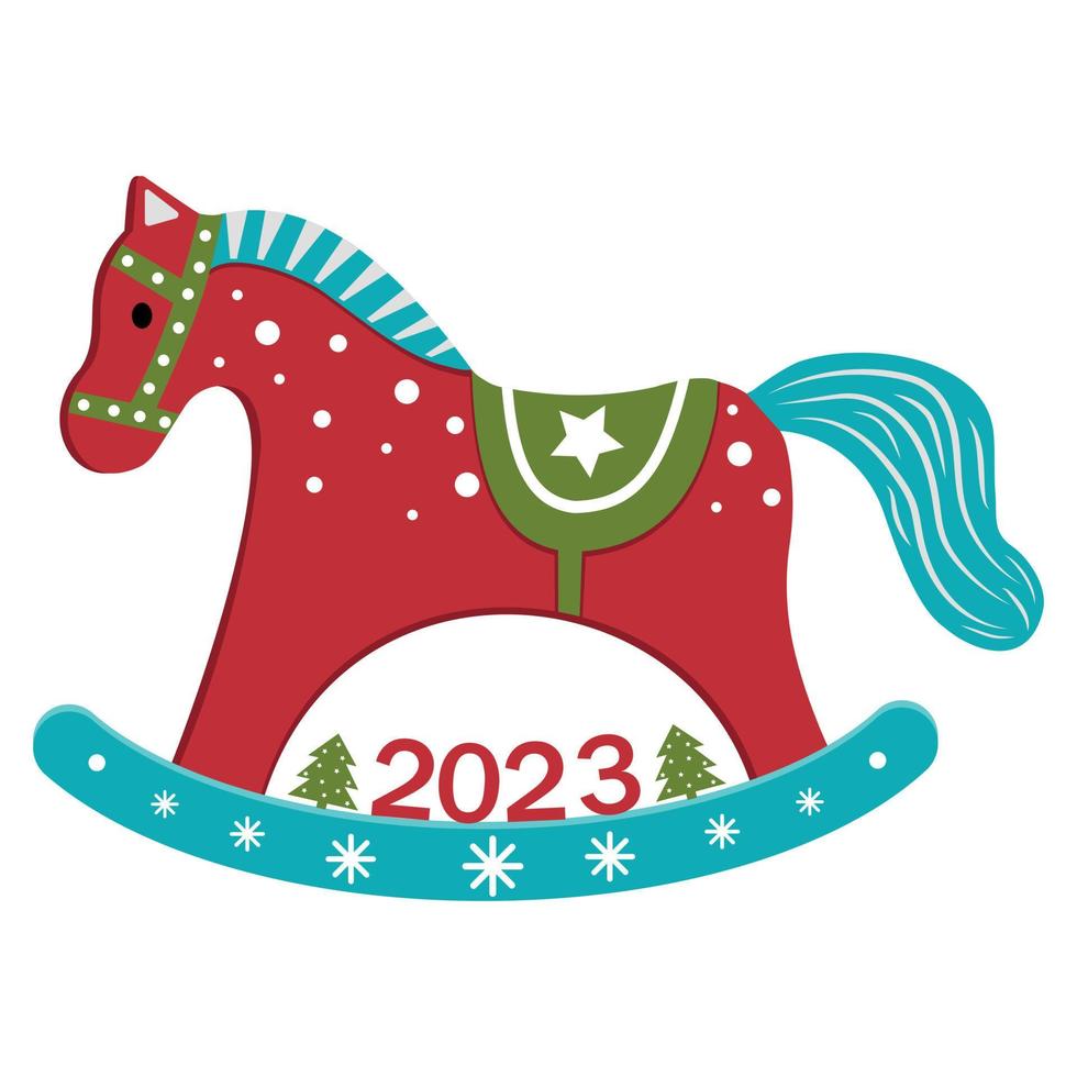 jouet de noël pour le cheval à bascule de sapin de noël dans un style vintage avec un symbole de la nouvelle année. illustration vectorielle isolée sur fond blanc. vecteur