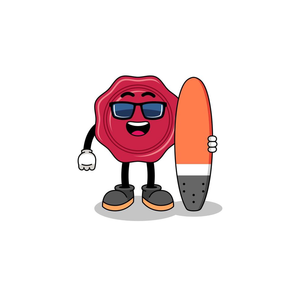 caricature de mascotte de cire à cacheter en tant que surfeur vecteur