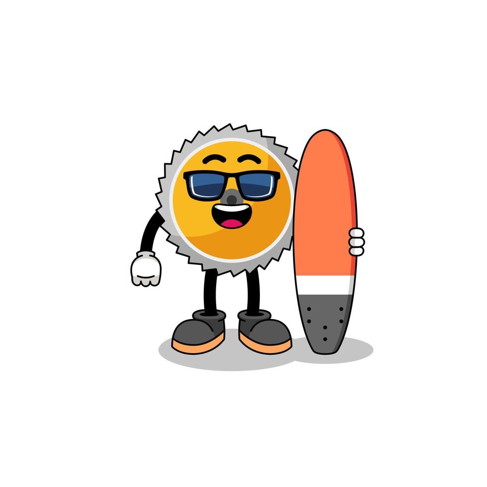 caricature de mascotte de lame de scie en tant que surfeur vecteur