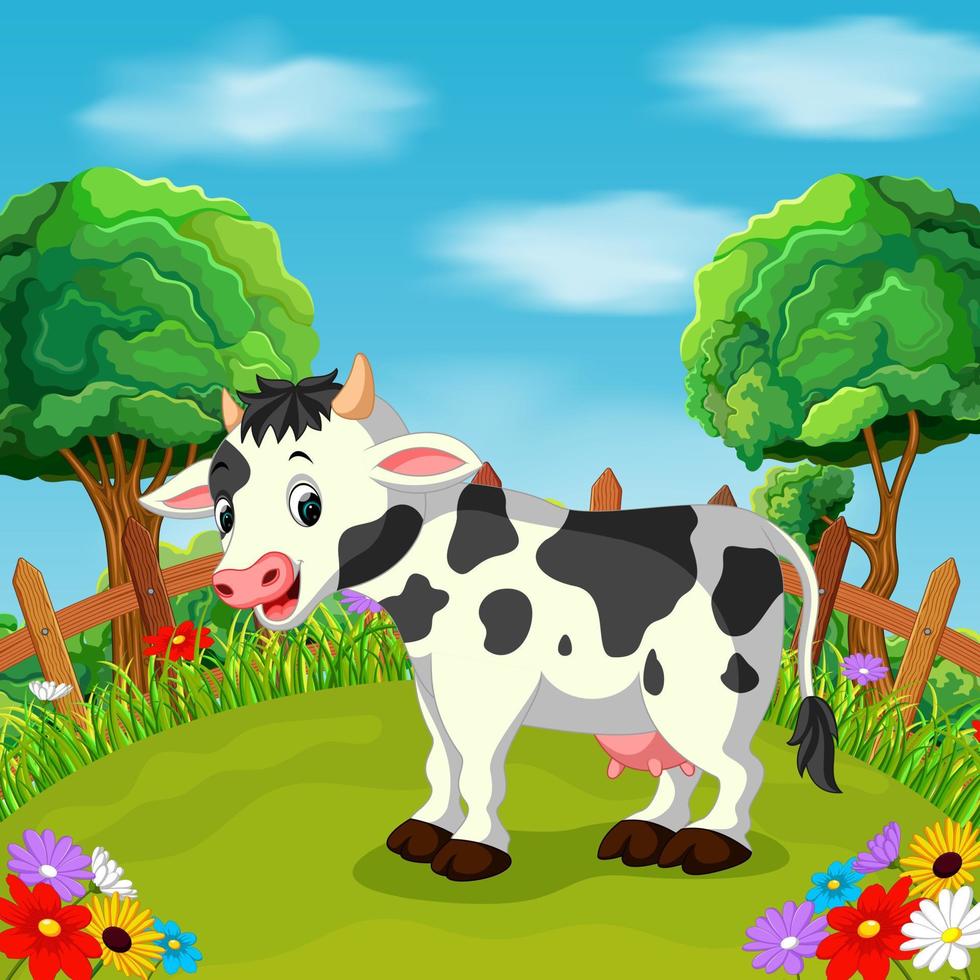 sourire de vache heureuse de dessin animé dans la ferme vecteur