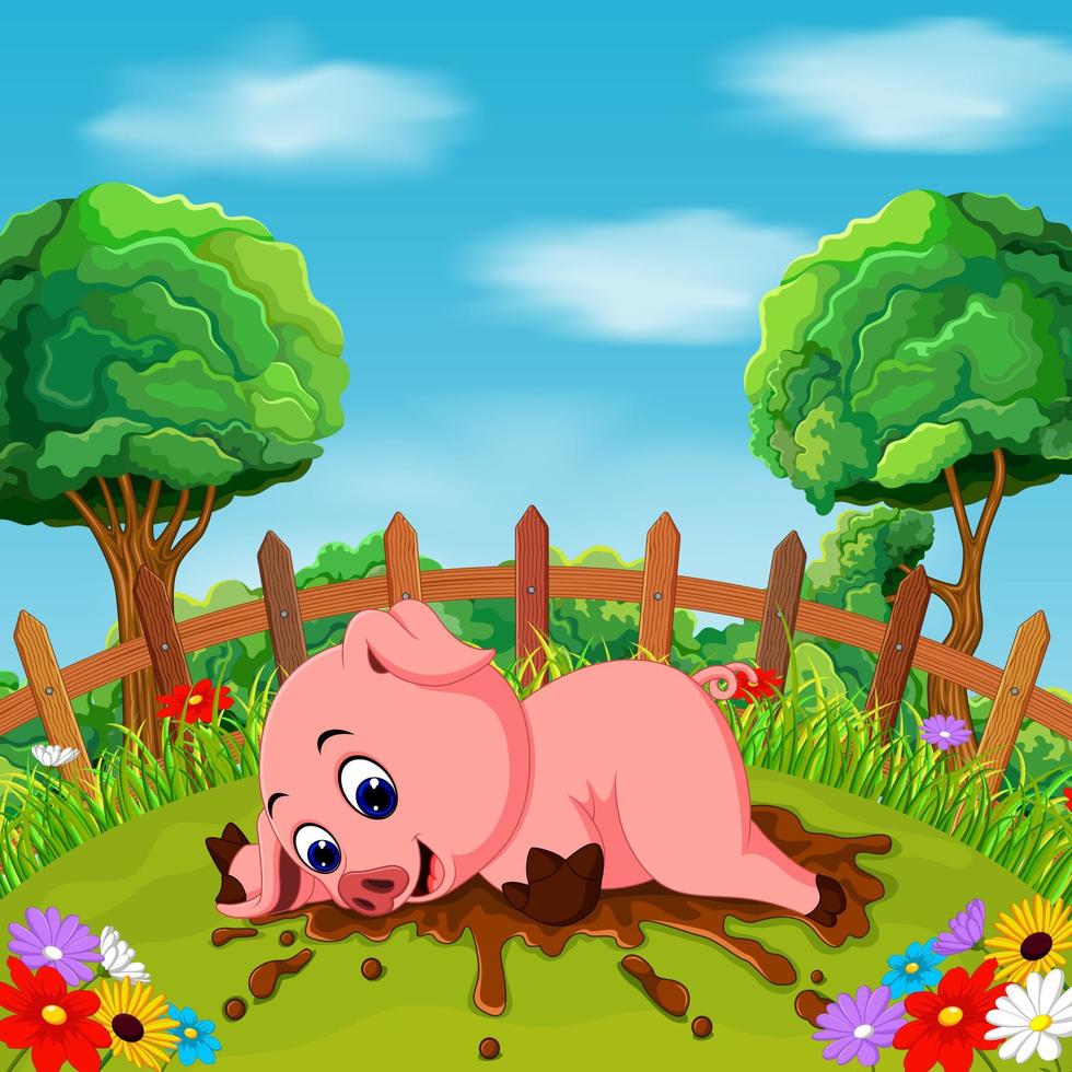 sourire de cochon heureux de dessin animé dans la ferme vecteur