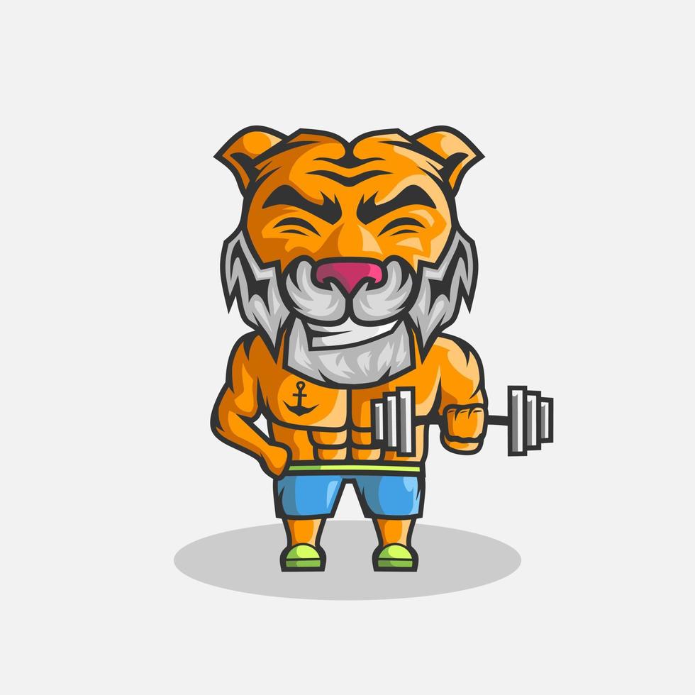 illustration de personnage d'entraînement de fitness tigre mignon. conception de vecteur animal simple. isolé avec un fond doux.