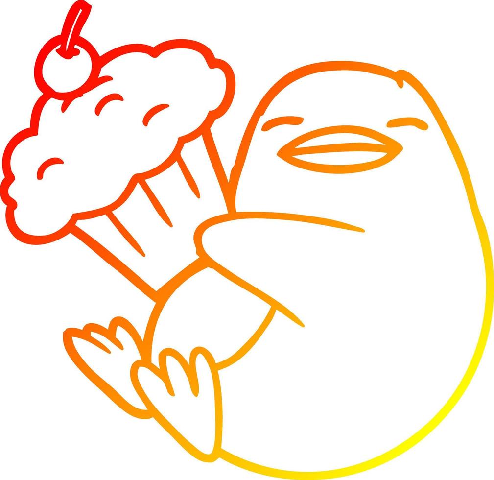 ligne de gradient chaud dessinant un pingouin de dessin animé avec cupcake vecteur