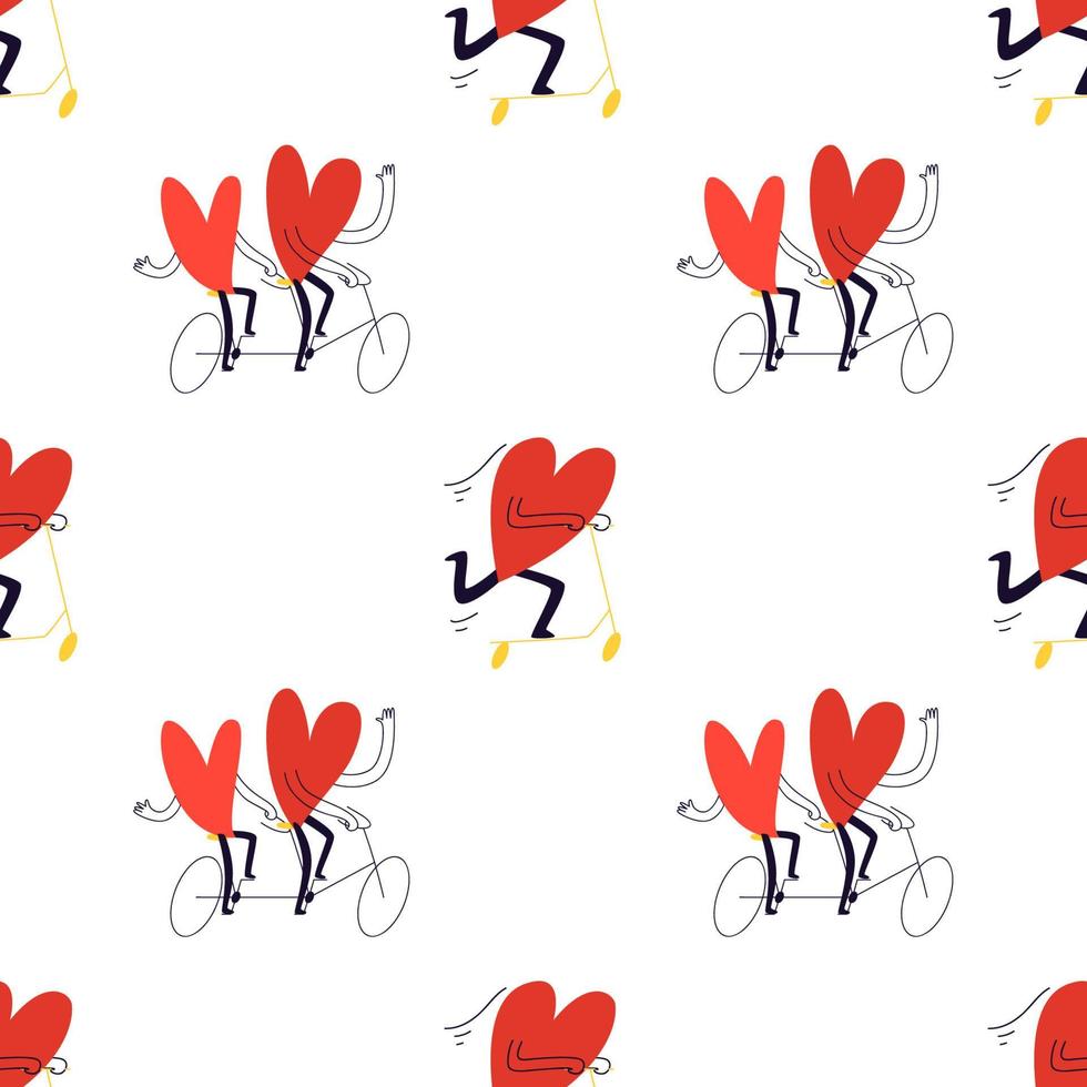 modèle sans couture avec des coeurs. de jolis couples de dessins animés font du vélo double et un grand coeur sur un scooter. illustration de stock de vecteur dans le style de dessin animé sur un fond blanc.