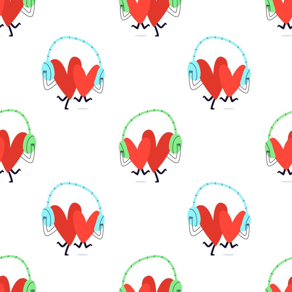 modèle sans couture avec des coeurs aimants. de jolis coeurs rouges écoutent de la musique dans de grands écouteurs bleus et verts. illustration vectorielle stock de coeurs en style cartoon sur fond blanc. vecteur